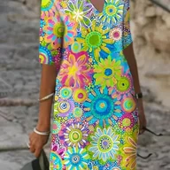 Sukienki - TEMU Sukienka z Dekoltem w Serek dla Kobiet - Luźny Krój, Letnia z Kolorowymi Wzorami, Pranie Maszynowe i Średnio Elastyczna na Cały Rok, Wygodne - miniaturka - grafika 1