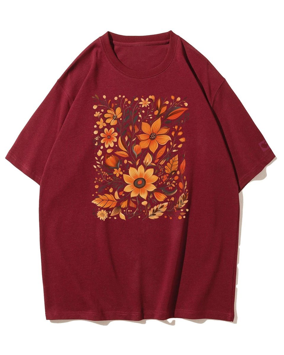 Koszulka oversize Jesienne Kwiaty Piękno na Prezent Bordowy 3XL