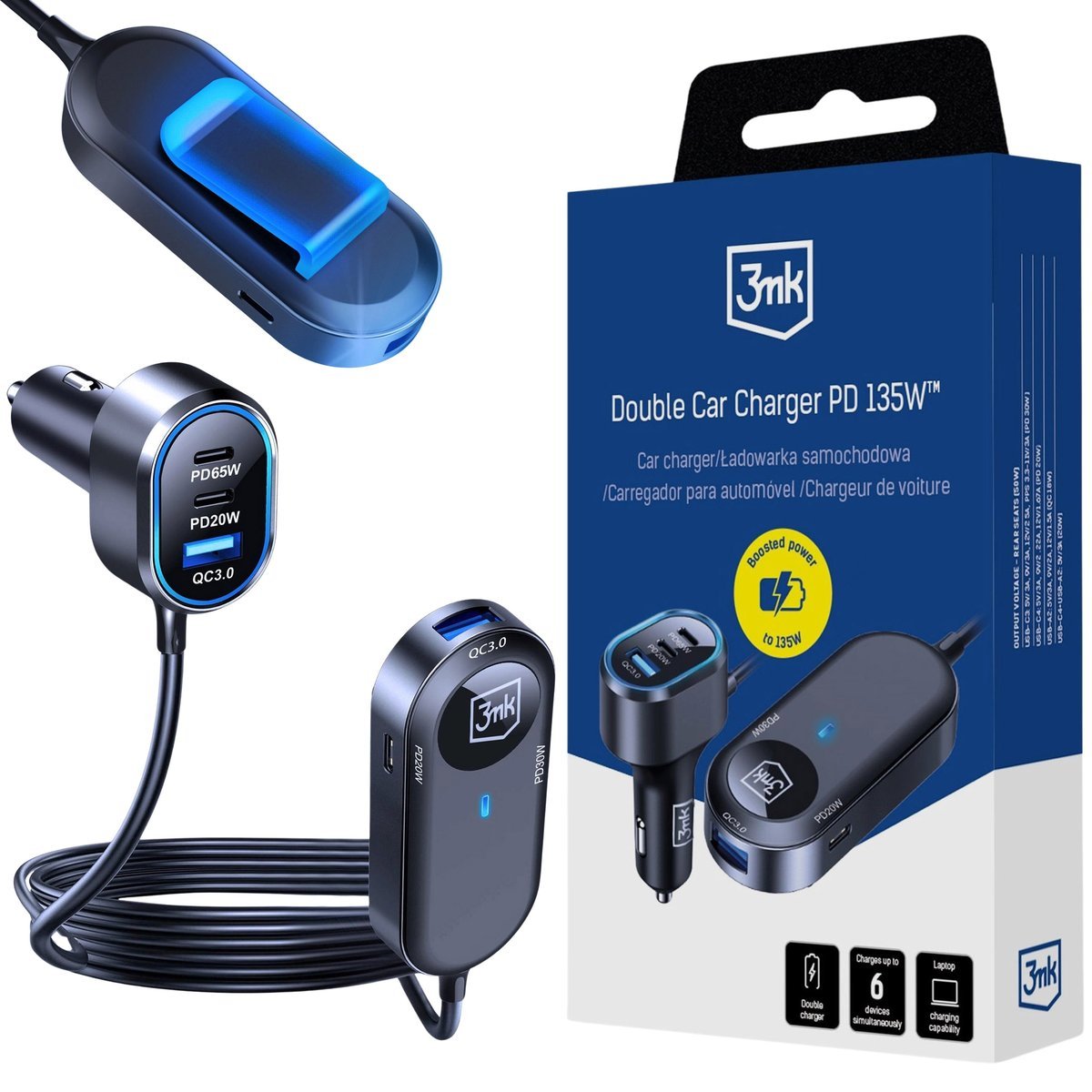 MOCNA ładowarka samochodowa do 6 URZĄDZEŃ, SZYBKIE ładowanie telefonu/laptopa-3mk Double Car Charger 135W PD QC PPS USB-C USB-A