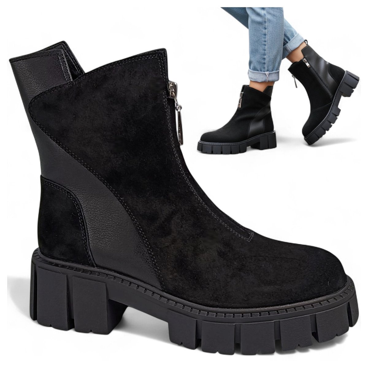 Botki Damskie SKÓRZANE Eleganckie Jesienne na Platformie Czarne Barski 39