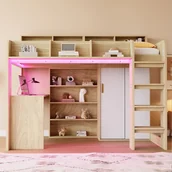 Łóżka dla dzieci i młodzieży - Łóżko wysokie 90 x 200 cm z biurkiem i szafą - Płyta wiórowa - Diody LED i gniazdo ładowania - Kolor naturalny (Materac nie jest wliczony w cenę) - miniaturka - grafika 1