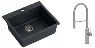 Quadron Zlewozmywak granitowy jednokomorowy 57*50*22 cm MORGAN 110 BLACK DIAMOND ze stalowym odpływem z baterią MARILYN Q LINE z ruchomą wylewką kolor stal szczotkowana - Zlewozmywaki z baterią - miniaturka - grafika 1