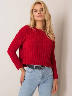Swetry damskie - Sweter asymetryczny ciemny czerwony casual dekolt okrągły materiał prążkowany - grafika 1