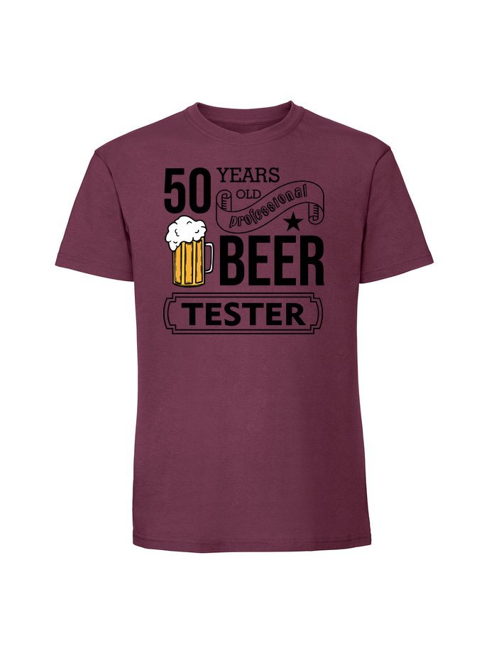 Męska koszulka z nadrukiem -50 lat BEER TESTER Burgundowy S