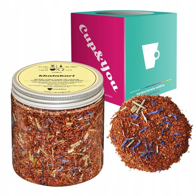 Herbata Rooibos KHALAHARI czerwonokrzew bez kofeiny bławatek 150g - herbata sypana liściasta napar z czerwonokrzewu PREMIUM na prezent upominek poda..