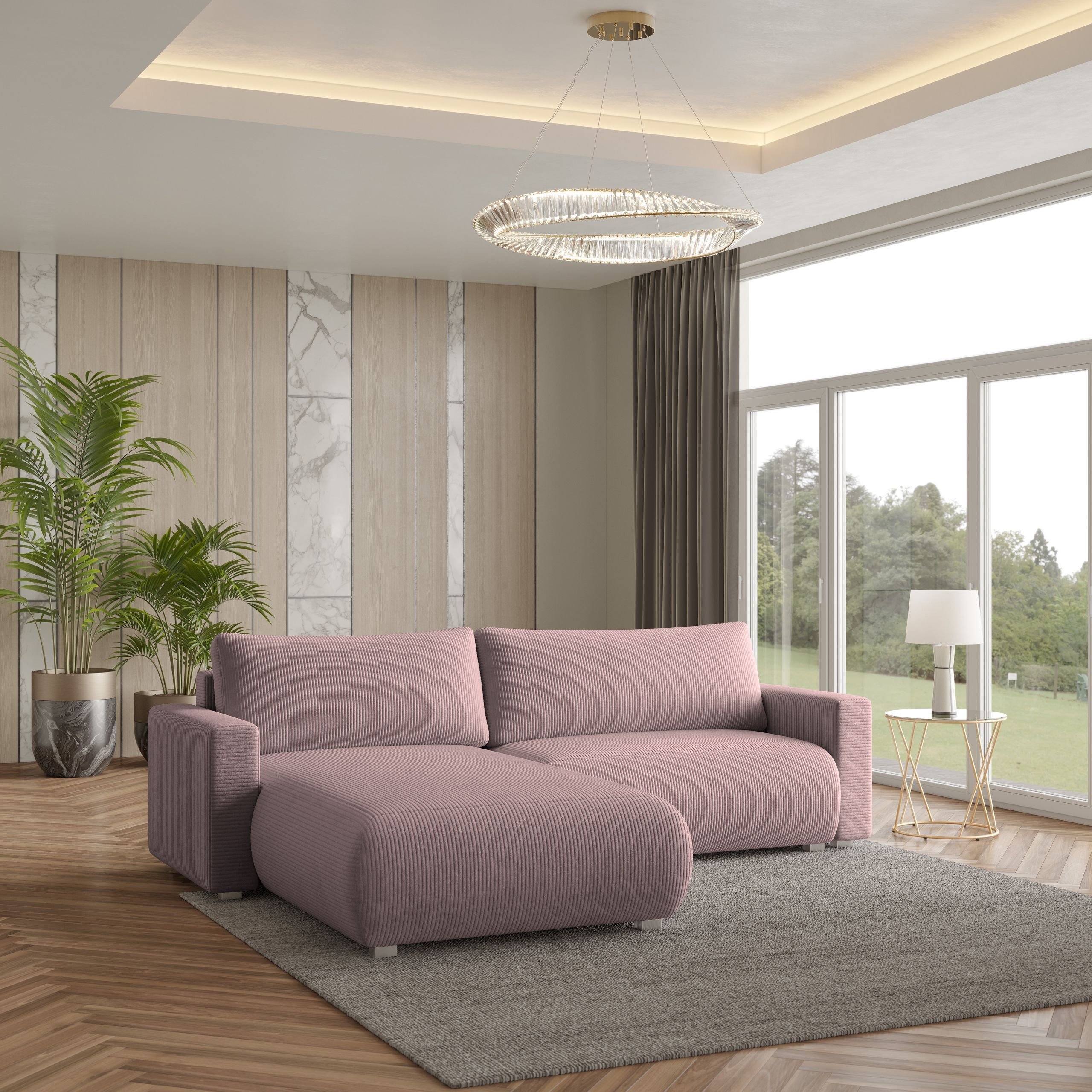 Masseno Narożnik TURIN P z funkcją spania i pojemnikiem na pościel Kształt L, Rozkładana sofa, Rogówka - Wrzos, POSO 130