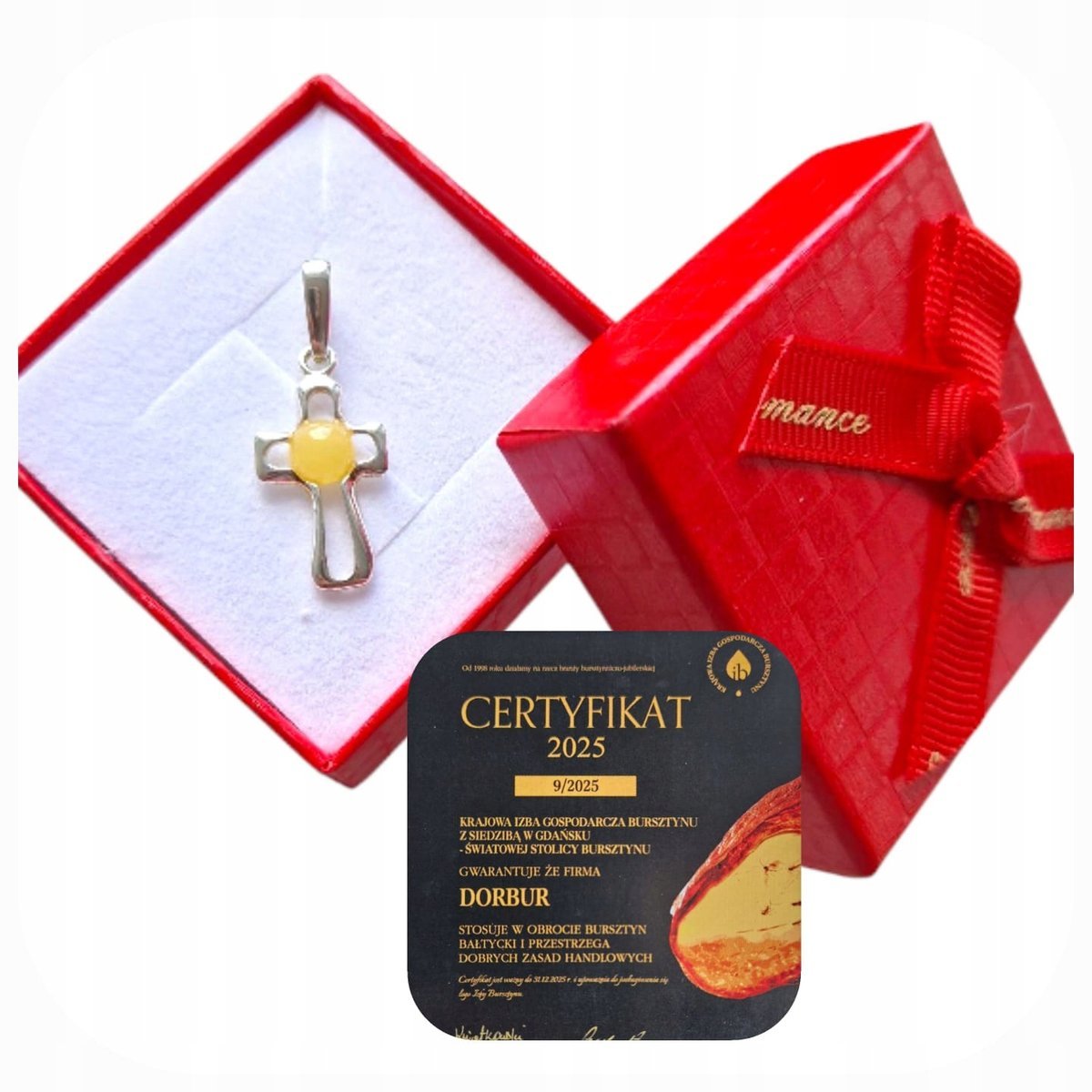 Mały krzyżyk srebrny z bursztynem mlecznym Zawieszka prezent