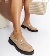 Mokasyny damskie - Beżowe mokasyny zdobione cyrkoniami Newport-39 - miniaturka - grafika 1