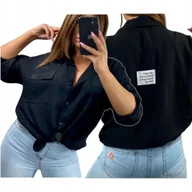 Koszule damskie - WISKOZOWA KOSZULA DAMSKA Z WIĄZANIEM nylon czarna modna kieszonka 46 48 3XL - miniaturka - grafika 1