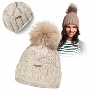 Czapki damskie - Czapka Zimowa Damskie Beżowa PaMaMi Ocieplana Polarem z Pomponem Modna Styl - miniaturka - grafika 1