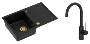 Quadron Unique Zlewozmywak granitowy jednokomorowy 78*50*22 cm z ociekaczem MORGAN 111 PURE CARBON z syfonem Push-2-Open w kolorze złotym z baterią JODIE Q LINE SLIM PURE CARBON kolor czarny mat - Zlewozmywaki z baterią - miniaturka - grafika 1