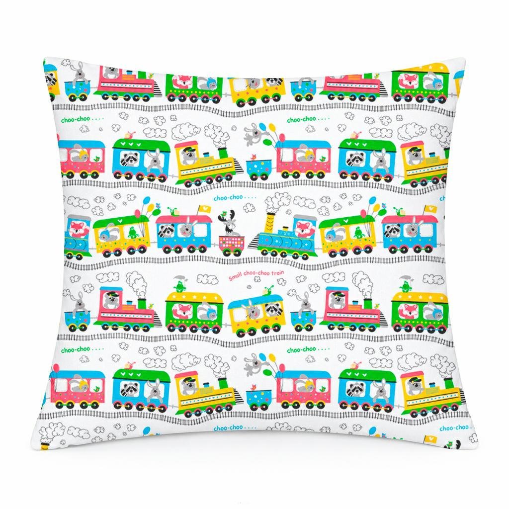 Poszewka bawełniana 40x40 biała w kolorowe pociągi, dziecięcy nowoczesny - COTTON HOME KIDS