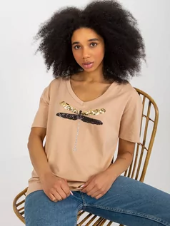 Koszulki i topy damskie - T-shirt z aplikacją camelowy casual dekolt w kształcie V rękaw krótki cekiny cyrkonie - grafika 1