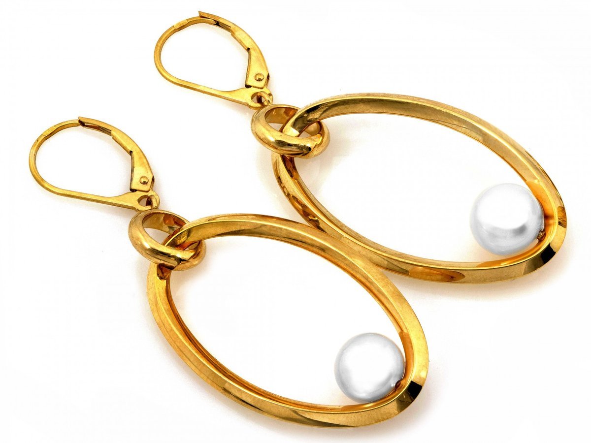 Kolczyki złote 585 duże wiszące owalne z perłą 4.07g