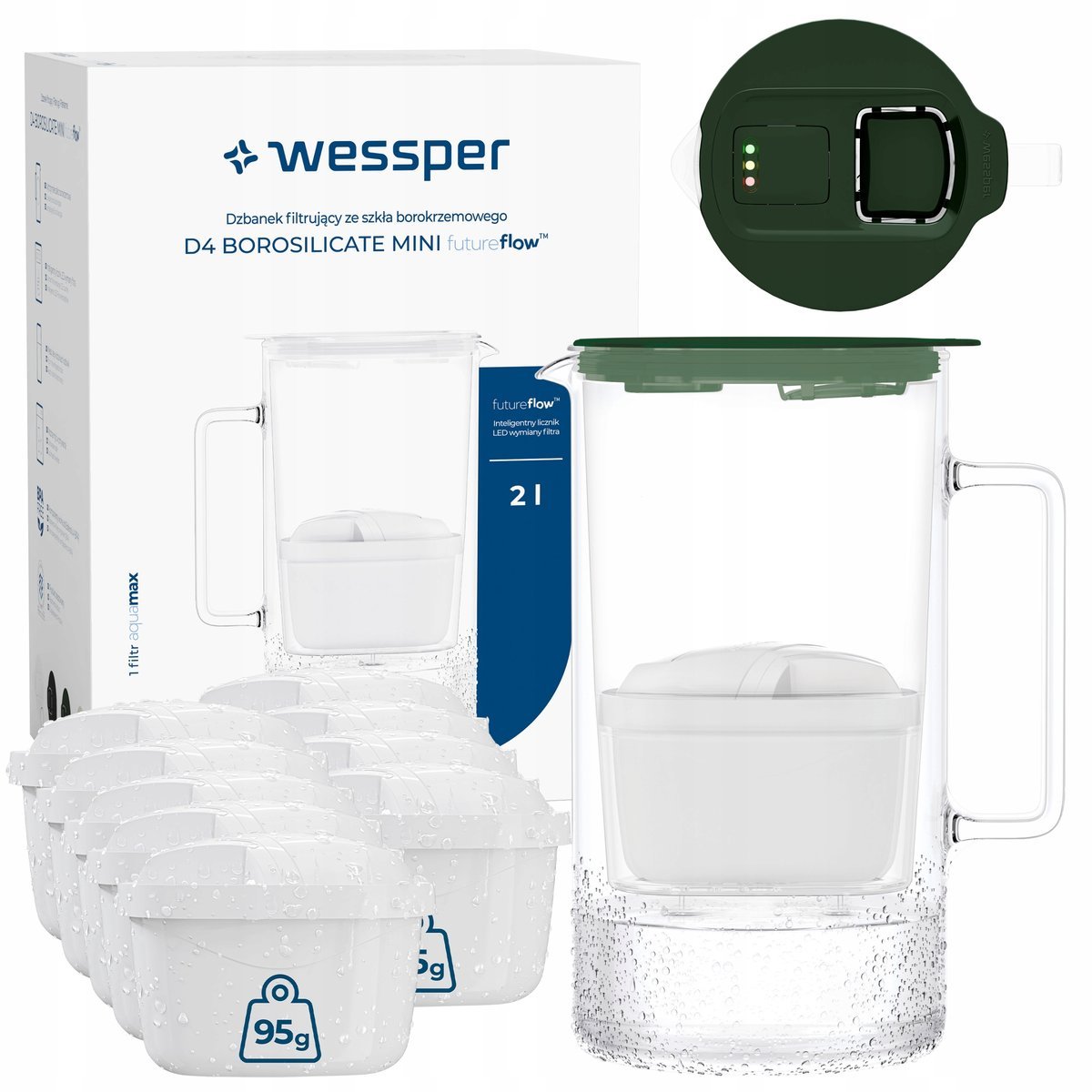 Szklany dzbanek filtrujący Wessper D4 BOROSILICATE MINI + 10x filtr wkład