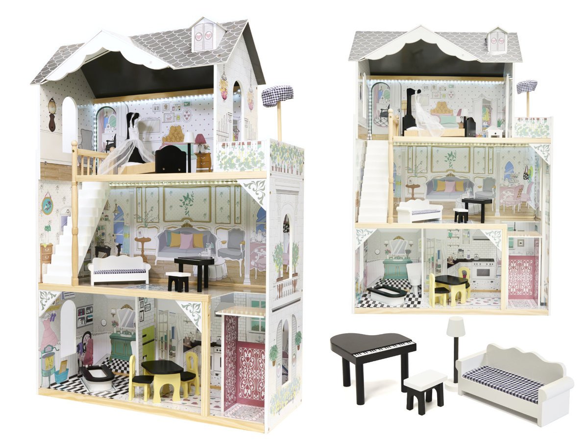 Domek dla Lalek Drewniany MDF Willa XXL Światło LED Mebelki Akcesoria 122cm
