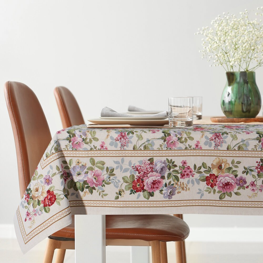 Obrus dekoracyjny gobelin 140x180 Eurofirany naturalny naturalny różowy ogrodowe kwiaty