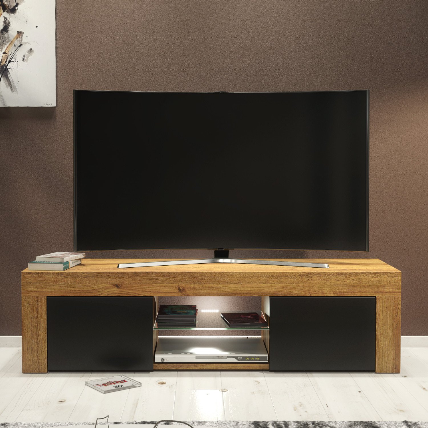 Szafka RTV 130cm ONE FURNITURE - Laminat Dębowy & Czarny