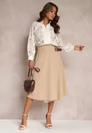 Spódnice - Jasnobeżowa Rozkloszowana Spódnica Midi z Gumką w Talii i Paskami z Imitacji Skóry Helemisia - miniaturka - grafika 1