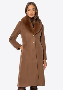 Damski płaszcz z odpinanym sztucznym futerkiem brązowy - Płaszcze damskie Damski płaszcz z odpinanym sztucznym futerkiem brązowy - Płaszcze damskie - miniaturka - grafika 1