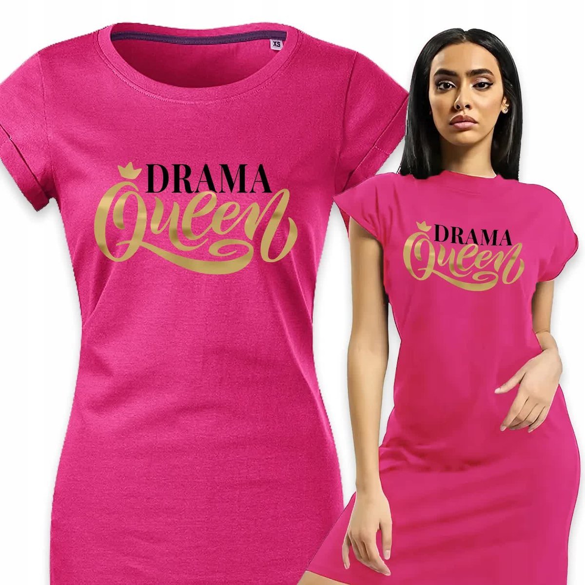 PIŻAMA DAMSKA FUKSJOWA Koszula Nocna Na Prezent DRAMA QUEEN Królowa Wzory S