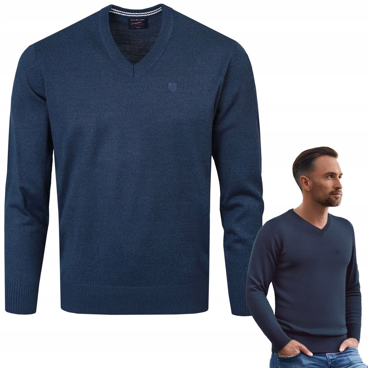 SWETER Męski w Serek Elegancki Gładki GRANATOWY melanż XXL Pako Jeans