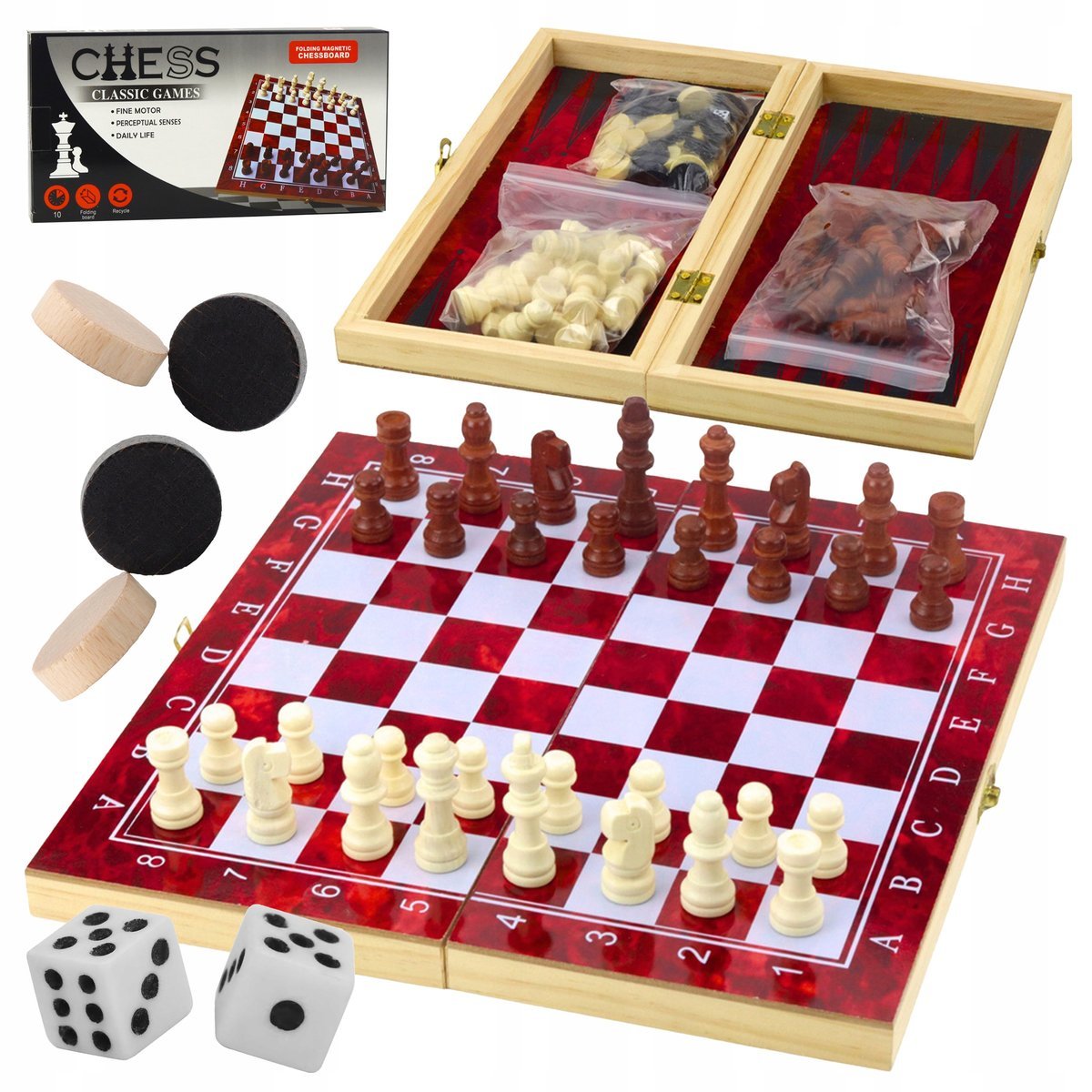 REWNIANE SZACHY KLASYCZNE WARCABY DUŻE 47cm tryktraka GRA 3W1 DLA DZIECI