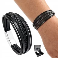 Bransolety męskie - Elegancka Bransoletka Męska Skórzana Gruba Bransoleta Srebrna Włoska - miniaturka - grafika 1