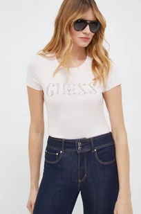 Guess t-shirt damski kolor różowy - Koszulki sportowe damskie - miniaturka - grafika 1