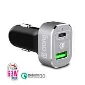 Ładowarki do telefonów - Crong Power Car Charger 63W - Ładowarka samochodowa USB-C PD 45W + USB 18W QuickCharge 3.0 (aluminium) - miniaturka - grafika 1
