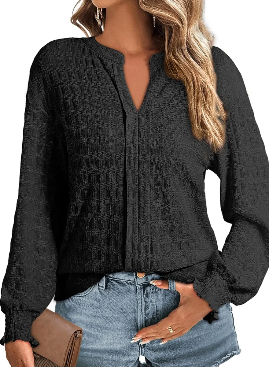 Bluzka Damska V-Neck Długi Rękaw Casualowa Elegancka Stylowa Czarna S