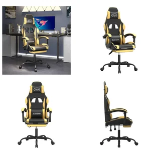 vidaXL Fotel gamingowy z podnóżkiem z czarnej i złotej sztucznej skóry - Fotel gamingowy - Krzesła gamingowe - Fotel biurowy - Krzesło - Fotele gamingowe - miniaturka - grafika 1
