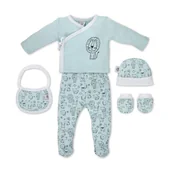 Bluzki ciążowe - Zestaw Nowordoka 5 szt.miętowy zwierzęta Koszulka Spodnie Rękawice Śliniak 0-6 miesięcy wyprawka - miniaturka - grafika 1