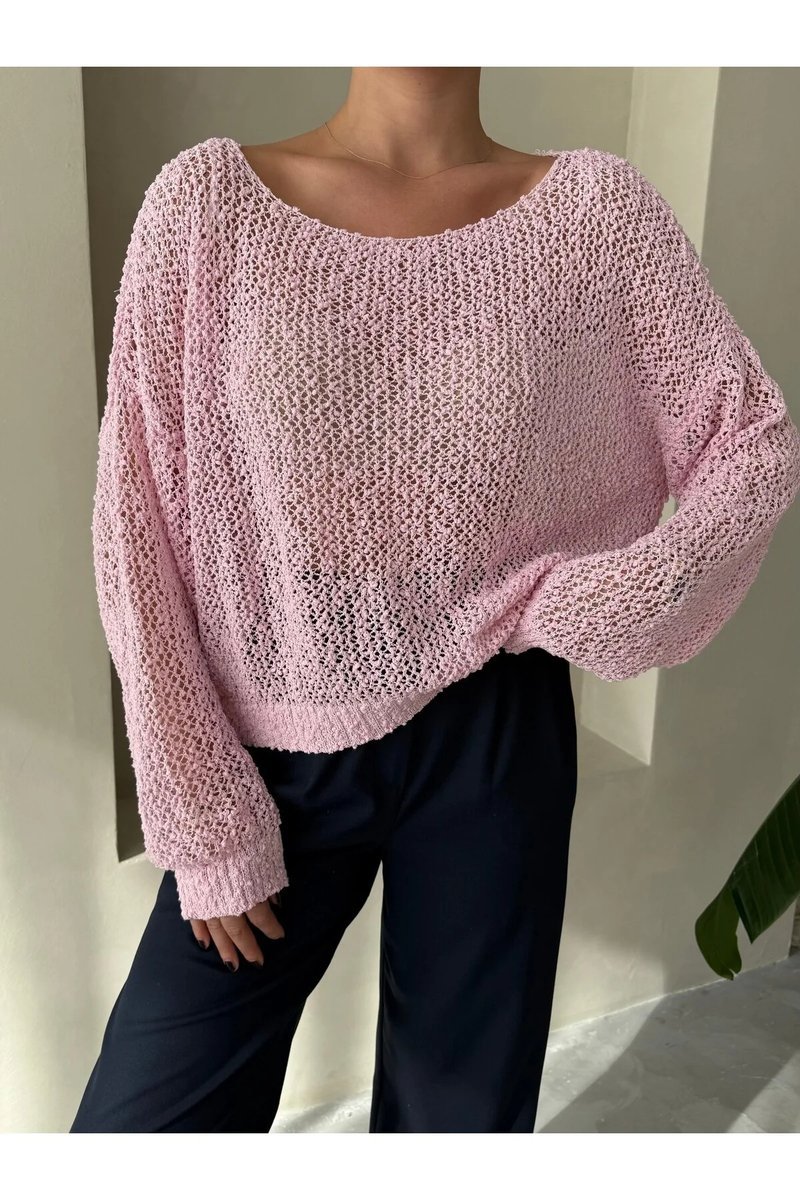 LUŹNY RÓŻOWY SWETER DAMSKI AŻUROWY Z DŁUGIM RĘKAWEM 5HA*