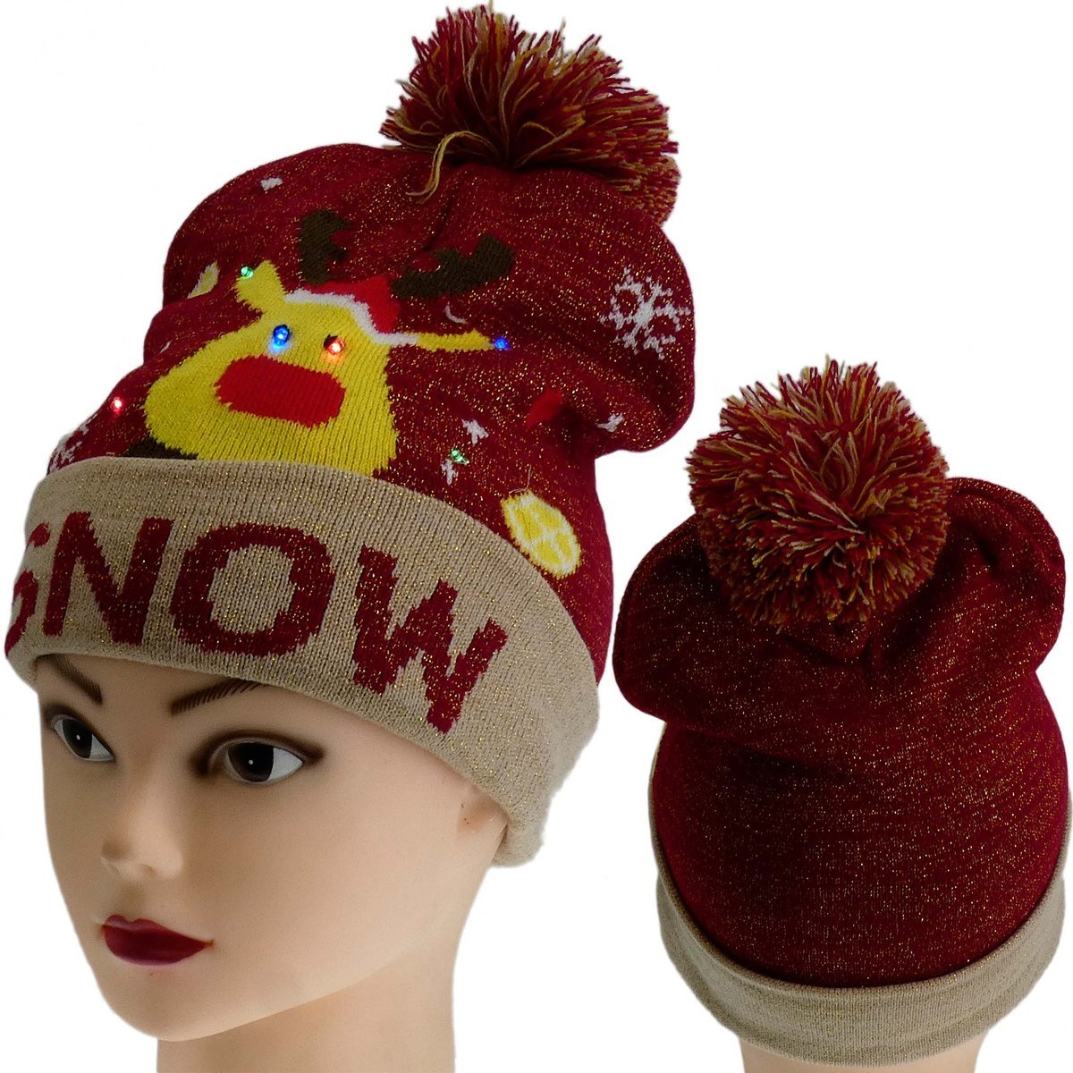 ZIMOWA CZAPKA Z POMPONEM DIODY LED ŚWIECĄCA SNOW BORDOWA