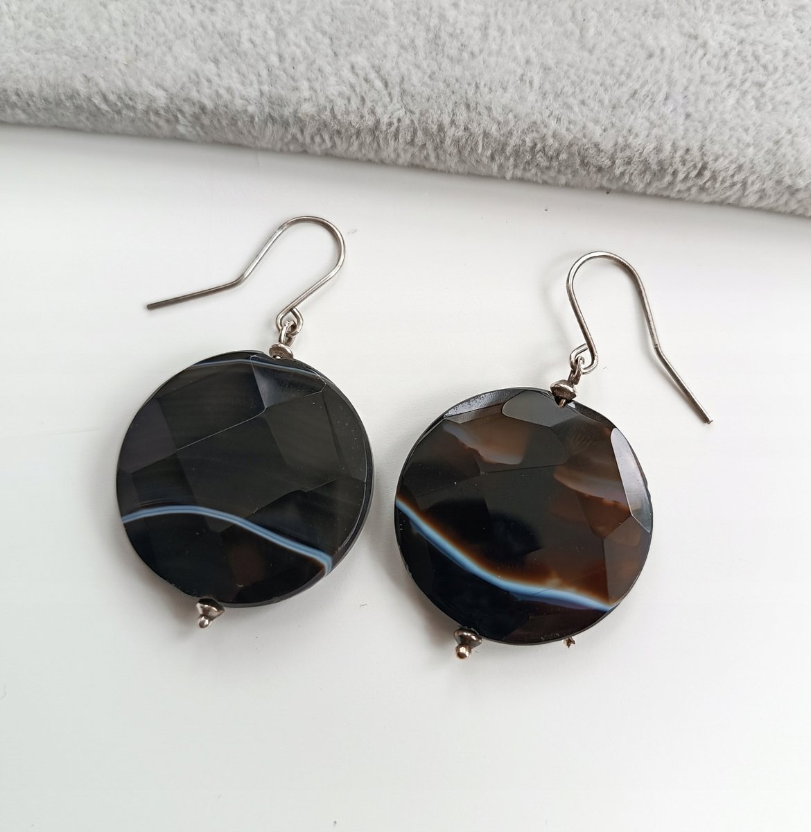 WISZĄCE OKRĄGŁE KOLCZYKI KOŁA BRĄZOWY SZLIFOWY AGAT 3cm SREBRNE BEAGLE