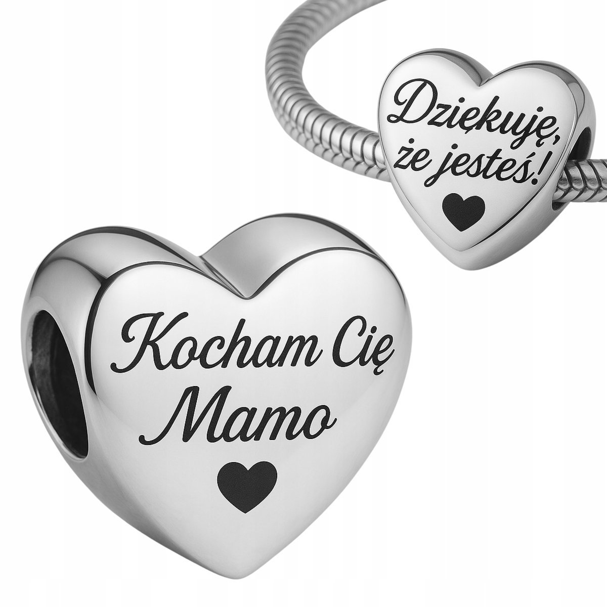 Charms Srebrny 925 Serce z Grawerem Kocham Cię Mamo i Dziękuje że Jesteś