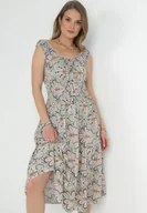 Sukienki - Miętowo-Różowa Rozkloszowana Sukienka Midi na Szerokich Ramiączkach z Gumkami w Pasie Anelanie - miniaturka - grafika 1