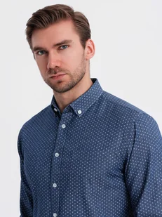 Wzorzysta męska koszula z cienkiego jeansu z kieszonką niebieska V2 OM-SHDS-0179 - Ombre Clothing - Koszule męskie - miniaturka - grafika 1