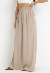 Beżowe Szerokie Spodnie z Gumką w Talii Bohdi - Spodnie damskie - miniaturka - grafika 1