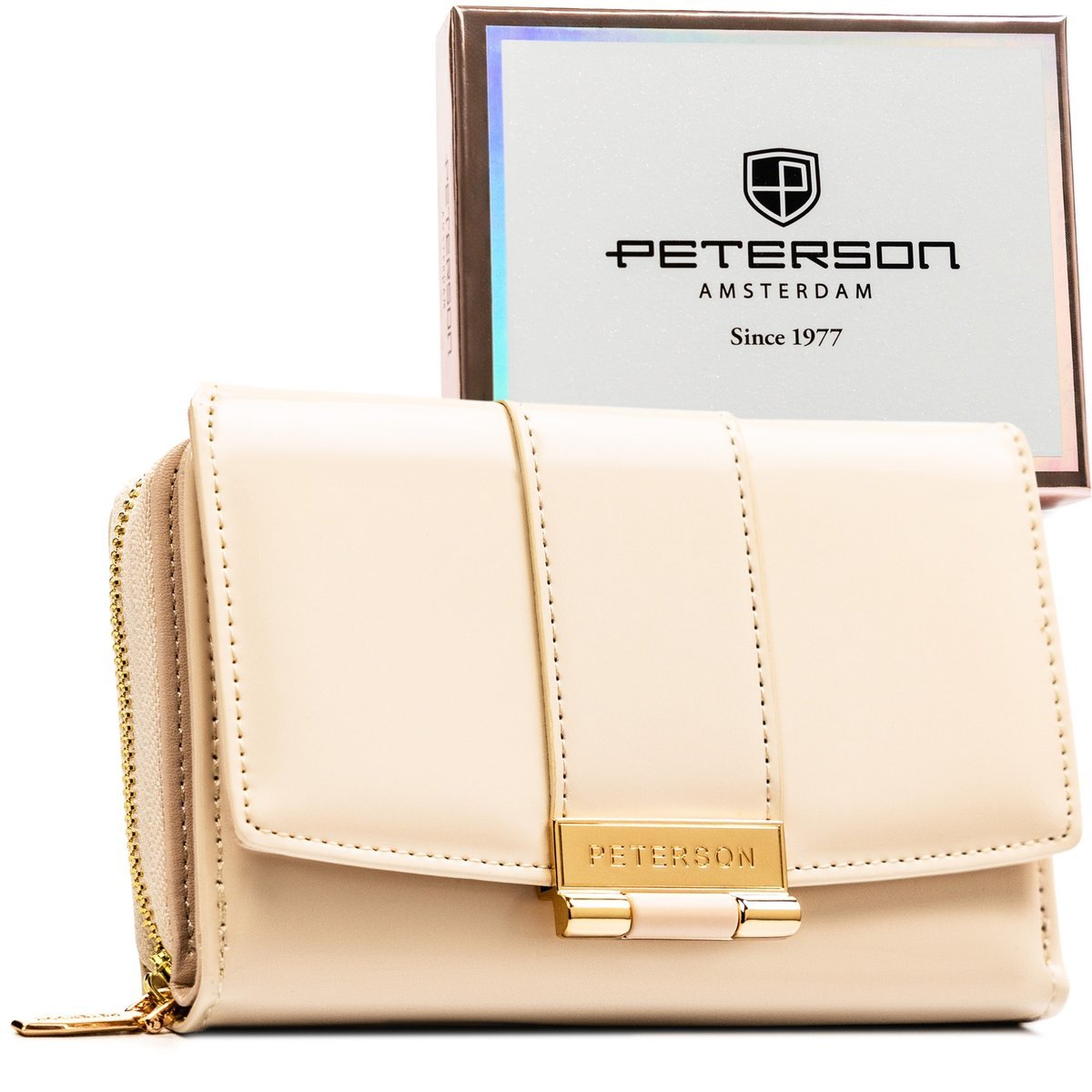 Portfel damski lakierowany PETERSON mały portmonetka na zatrzask i suwak ochrona RFID rozbudowany na karty beżowy