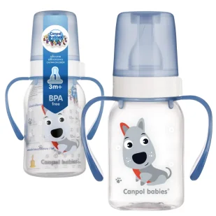 CANPOL BABIES BUTELKA WĄSKA Z UCHWYTEM 120ml CUTE ANIMALS +3m - Butelki dla niemowląt - miniaturka - grafika 1