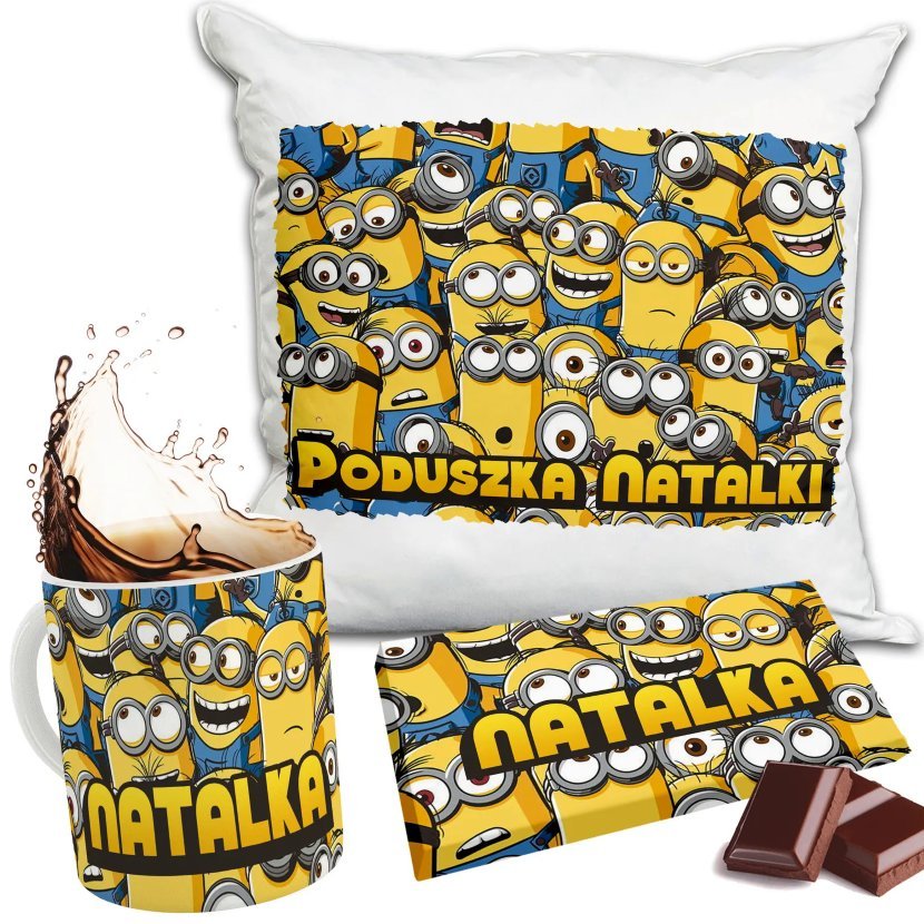 Zestaw MINIONKI Kubek + Poduszka + Czekolada + Imię Prezent Nadruk