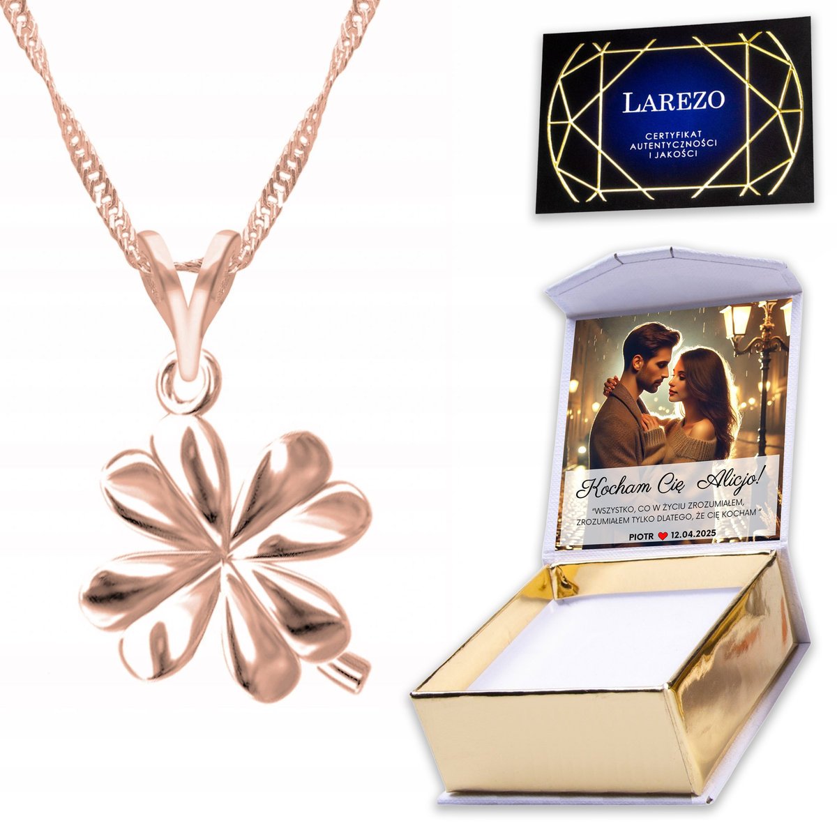 Naszyjnik Pozłacany 925 z Koniczyną Kwiat Roślina Koniczynka Clover NADRUK