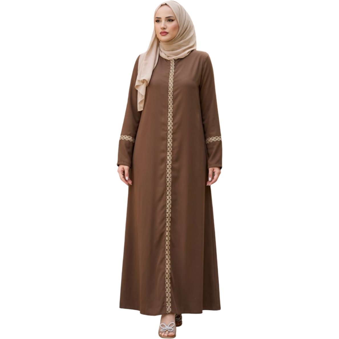 Sukienka Suknia Modlitewna Damska Maxi Haftowane Rękawy Elegancka Brązowa S