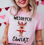 Bluzki damskie - świąteczna koszulka wesołych świąt damska - kolor różowy - miniaturka - grafika 1