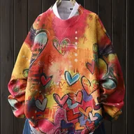 Swetry damskie - TEMU Elegancki sweter damski z nadrukiem serc - bluzka z długim rękawem i okrągłym dekoltem z wielokolorowymi wzorami serc w kolorach czerwonym, - miniaturka - grafika 1