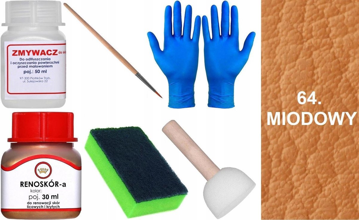 MIODOWY 64 Renoskór ZESTAW DO RENOWACJI SKÓRY LICOWEJ Farba Zmywacz Pędzel