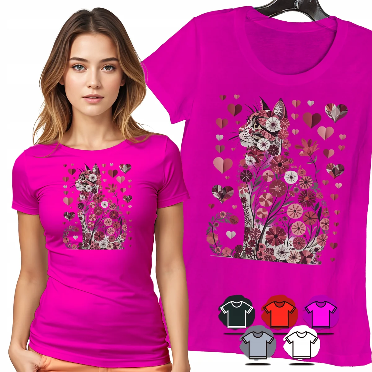 KOSZULKA DAMSKA T-SHIRT - KOT W KWIATACH I SERCACH RÓŻOWY WZÓR MODNY - 3XL