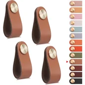 Zawiasy, okucia i inne akcesoria - Zestaw 4 mosiężnych i skórzanych klamek do drzwi szafek o długości 65 mm z brązowymi wkrętami - miniaturka - grafika 1